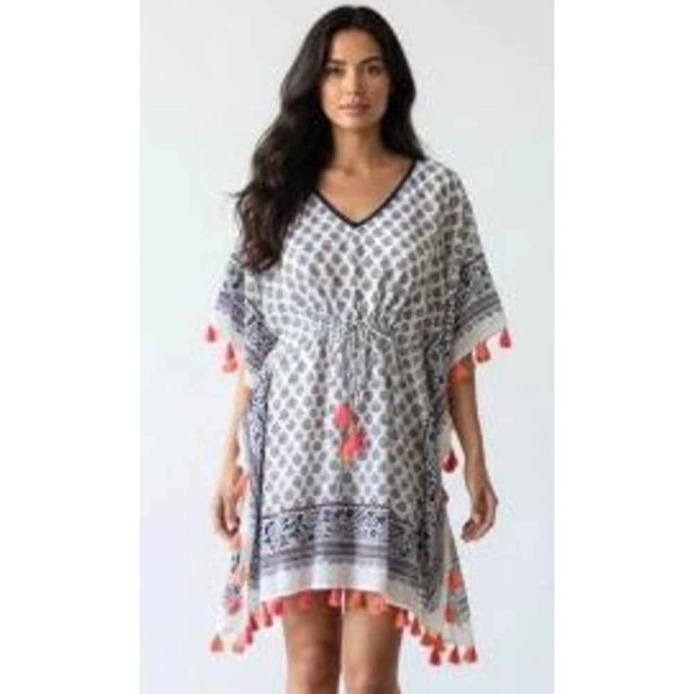 J. Jill Kaftan Swim Cover-Up Women S-L White Navy Tassel Boho Block Print Beach